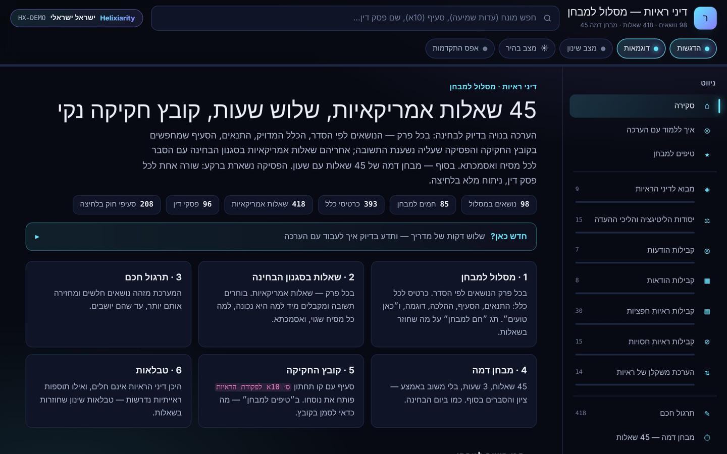 מסך הפתיחה של ערכת דיני ראיות במחשב: מסלול למבחן, מספרי הנושאים והשאלות ותפריט הפרקים