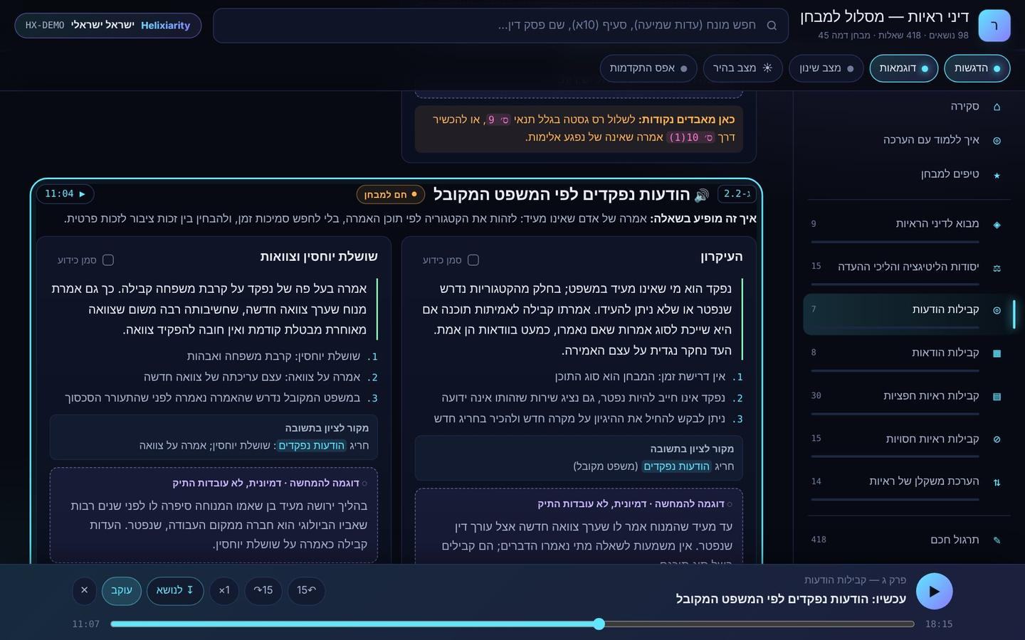 הערכה במחשב בזמן שהפודקאסט מנגן: הנושא שמדובר עליו מסומן במסגרת זוהרת, ובתחתית נגן עם כפתורי עוקב ולנושא